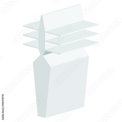 Long Blank Empty Showcase Display With Retail Shelves. Perspective View 3D. Illustration Isolated On White Background. Mock Up Template Ready For Your Design. Product Advertising. Vector EPS10