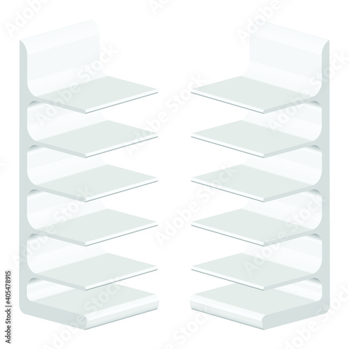 Long Blank Empty Showcase Display With Retail Shelves. Perspective View 3D. Illustration Isolated On White Background. Mock Up Template Ready For Your Design. Product Advertising. Vector EPS10