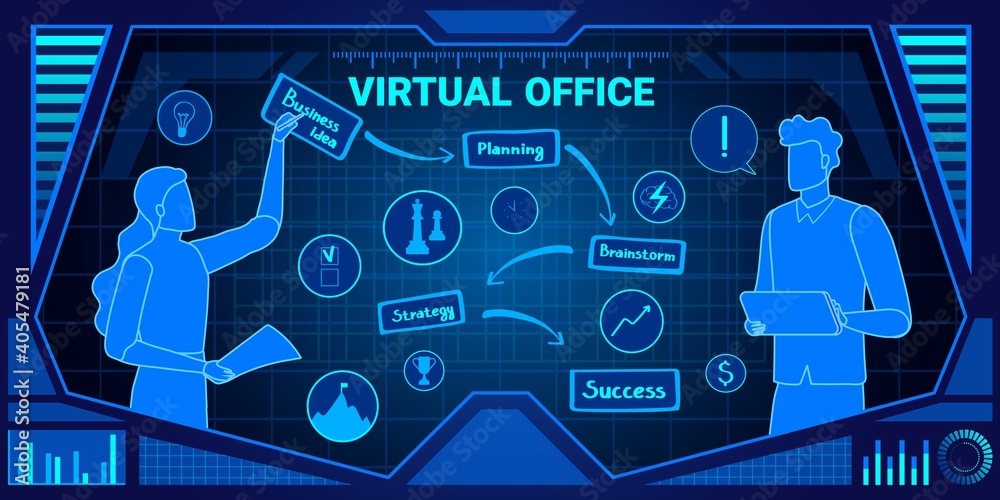 Virtual office service vector illustration. 3d futuristic digital cyber ...