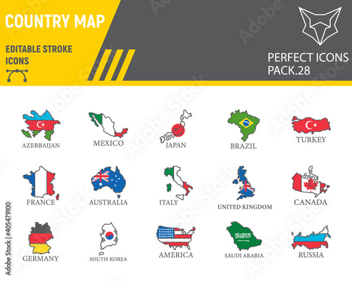 Map of country color line icon set, country flag collection, vector sketches, logo illustrations, map countries icons, travel signs filled outline pictograms, editable stroke.