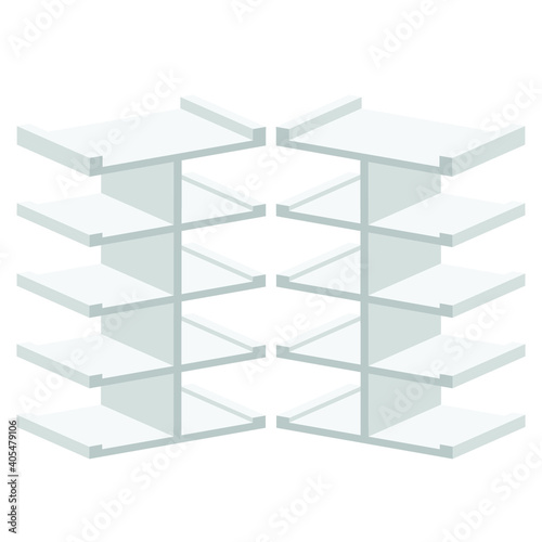 Long Blank Empty Showcase Display With Retail Shelves. Perspective View 3D. Illustration Isolated On White Background. Mock Up Template Ready For Your Design. Product Advertising. Vector EPS10