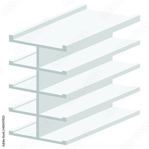 Long Blank Empty Showcase Display With Retail Shelves. Perspective View 3D. Illustration Isolated On White Background. Mock Up Template Ready For Your Design. Product Advertising. Vector EPS10
