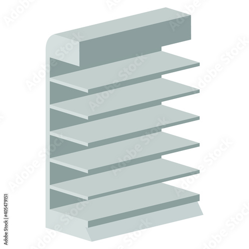 Long Blank Empty Showcase Display With Retail Shelves. Perspective View 3D. Illustration Isolated On White Background. Mock Up Template Ready For Your Design. Product Advertising. Vector EPS10
