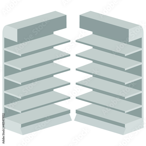 Long Blank Empty Showcase Display With Retail Shelves. Perspective View 3D. Illustration Isolated On White Background. Mock Up Template Ready For Your Design. Product Advertising. Vector EPS10