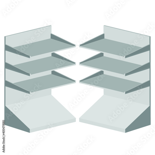 Long Blank Empty Showcase Display With Retail Shelves. Perspective View 3D. Illustration Isolated On White Background. Mock Up Template Ready For Your Design. Product Advertising. Vector EPS10