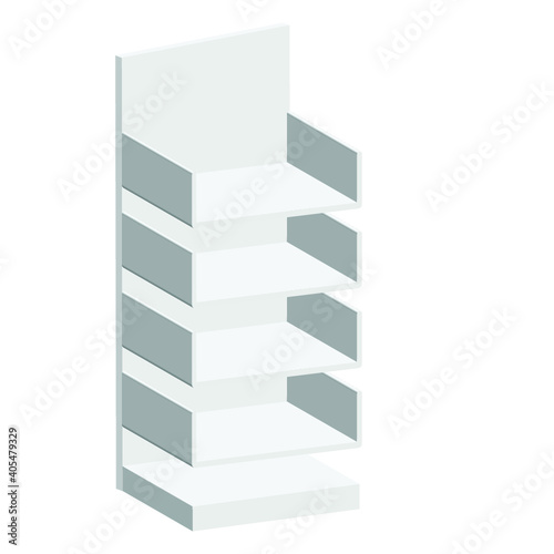 Long Blank Empty Showcase Display With Retail Shelves. Perspective View 3D. Illustration Isolated On White Background. Mock Up Template Ready For Your Design. Product Advertising. Vector EPS10