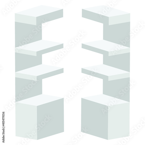 Long Blank Empty Showcase Display With Retail Shelves. Perspective View 3D. Illustration Isolated On White Background. Mock Up Template Ready For Your Design. Product Advertising. Vector EPS10