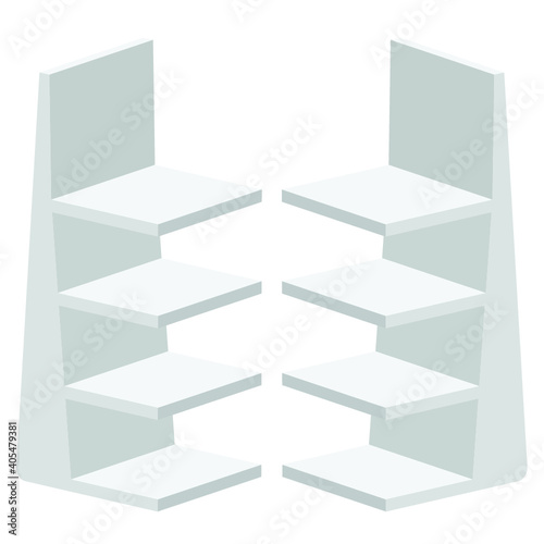 Long Blank Empty Showcase Display With Retail Shelves. Perspective View 3D. Illustration Isolated On White Background. Mock Up Template Ready For Your Design. Product Advertising. Vector EPS10