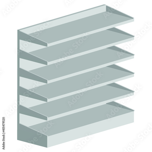 Long Blank Empty Showcase Display With Retail Shelves. Perspective View 3D. Illustration Isolated On White Background. Mock Up Template Ready For Your Design. Product Advertising. Vector EPS10