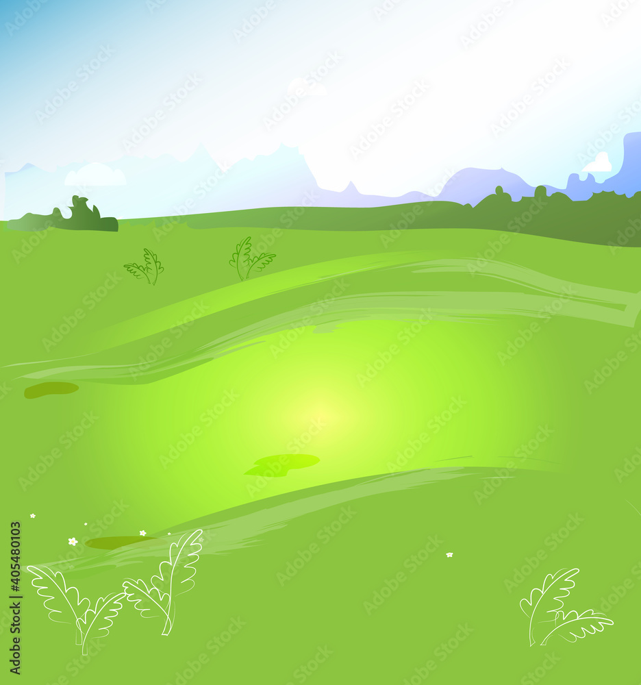 Meadow summer landscape - green grass, sky, color cartoon illustration. Meadow summer landscape - green grass, sky, color cartoon illustration.