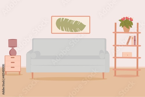 Vector illustration of the interior of a modern living room with a sofa and a variety of decor. Flat design style vector template