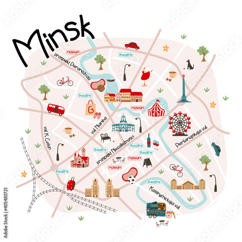 cute card minsk. poster city map with landmarks. modern vector illustration