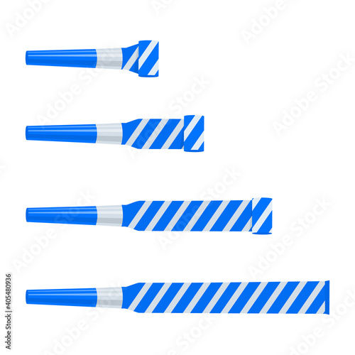 Party blowers, horns, noisemakers, whistles isolated on white background. Top view. Celebration, fun time, kids birthday elements. Vector cartoon illustration.
