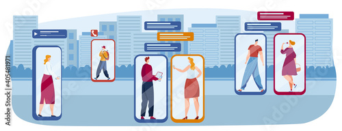 Online, modern communication concept vector illustration. Man, woman chatting, messaging using chat app or social network on mobile phone. Two persons cellphone conversation online, send messages.