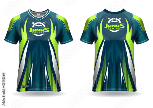 Esport gaming t shirt jersey template, uniform, front and back view 