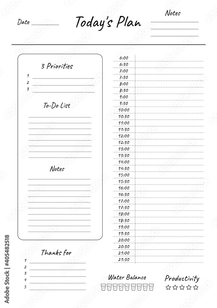 Today's Plan planner printable template Vector. Blank white notebook page A4 Today's Plan planner printable template Vector. Blank white notebook page A4