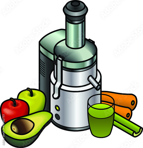 A bench top juicer / juice extractor with raw ingredients and a glass of juice.