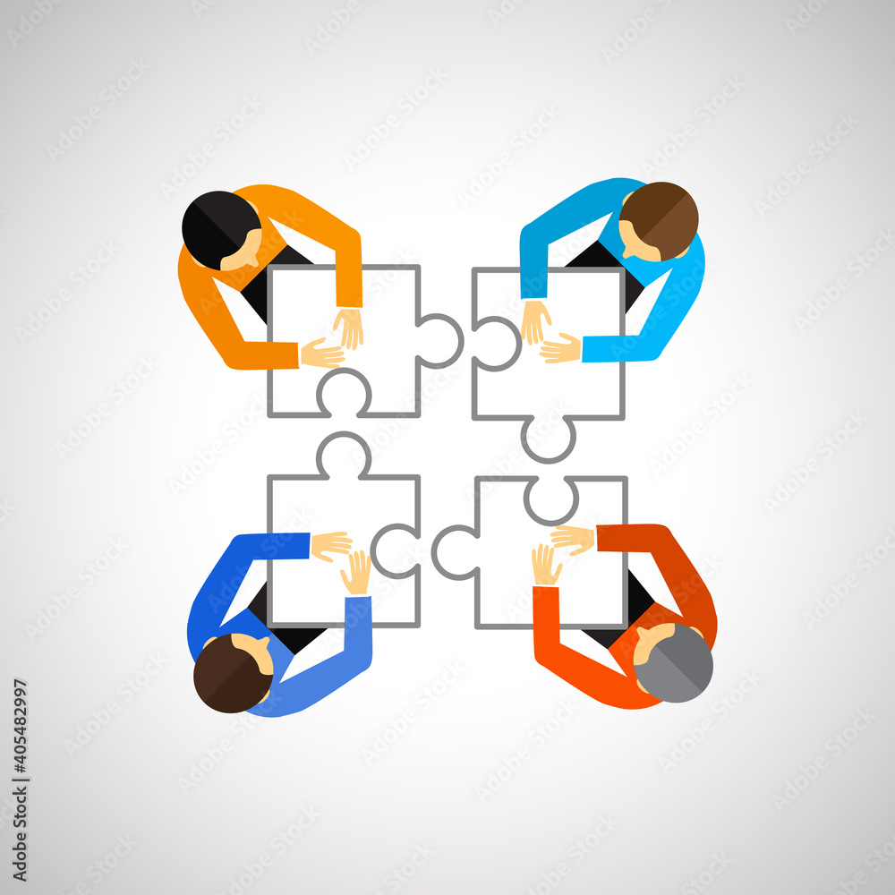 Teamwork people with puzzle pieces top view. Teamwork people vector for jigsaw design, marketing, icon and logo template. Modern flat teamwork people with puzzle. Puzzle pieces, vector illustration