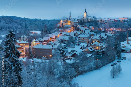 Winter view at Nove Mesto nad Metuji, near Hradec Kralove, Czech republic
Panorama of the city with the castle on the top of the hill, frozen trees. The centre is as Urban monument reservation.  photo