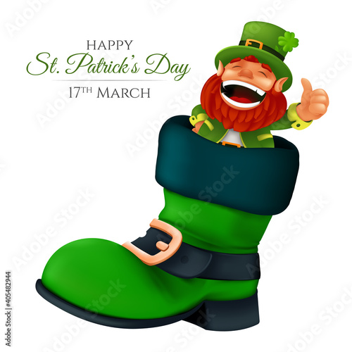 Cute bearded leprechaun peeking from the boot and showing thumbs up. Vector illustration of laughing dwarf mascot for Saint Patrick's Day isolated on a white background