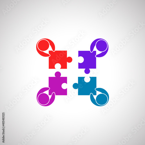 Teamwork people with puzzle pieces top view. Teamwork people vector for jigsaw design, marketing, icon and logo template. Modern flat teamwork people with puzzle. Puzzle pieces, vector illustration