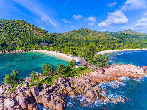 An aerial view on a rock between Grand Anse and Petite Anse on Praslin island, Seychelles