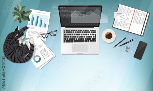 Coworking home-office interior with laptop and table with coffee cup, documents, smartphone, notebooks and  cat slipping on the table. Top view workspace vector illustration