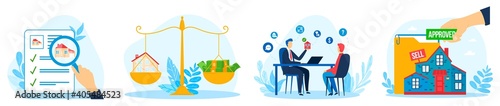 House sale, home purchase and rental of property set of vector illustrations. Realtor agent or seller of real estate holding staying home. Deal when buying new home and money cash on scales. Mortgage.