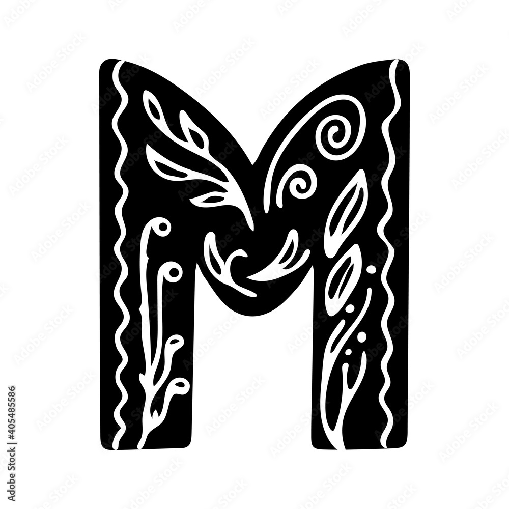 Obraz premium Monochrome letter M isolated on white background with floral pattern, vector hand drawn illustration for logo, postcard design, posters, banners, etc