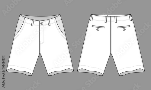 Blank White Shorts Pants with Multi Pockets Template. on Gray Background. Front and Back Views, Vector File