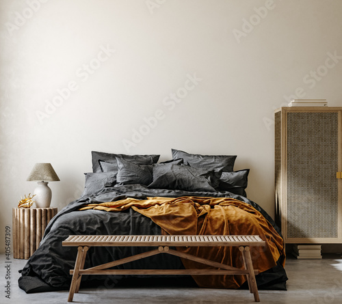 Ethnic style bedroom interior background, 3d render