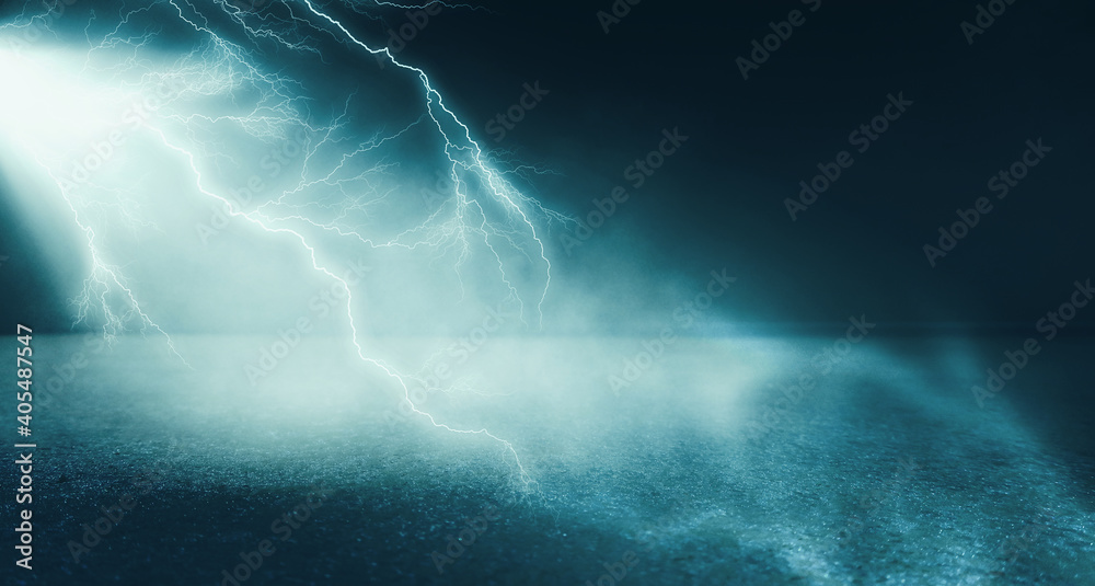 Dramatic empty nature background. Dark night view of the city during a thunderstorm. Flashing lightning. Reflection of light on the asphalt. 3d illustration