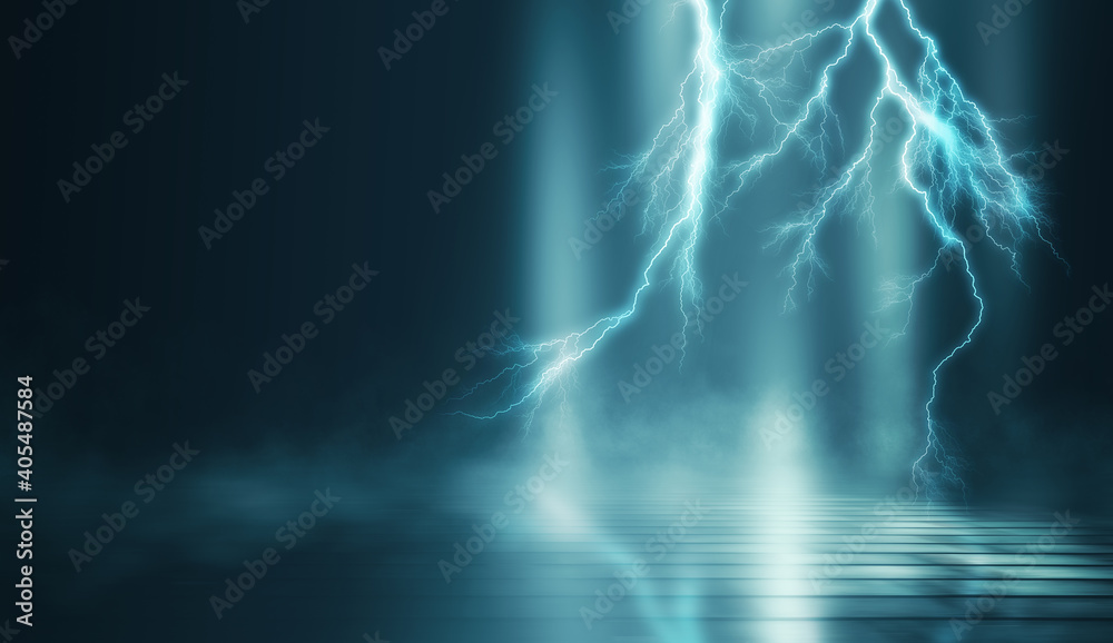 Dramatic empty nature background. Dark night view of the city during a thunderstorm. Flashing lightning. Reflection of light on the asphalt. 3d illustration