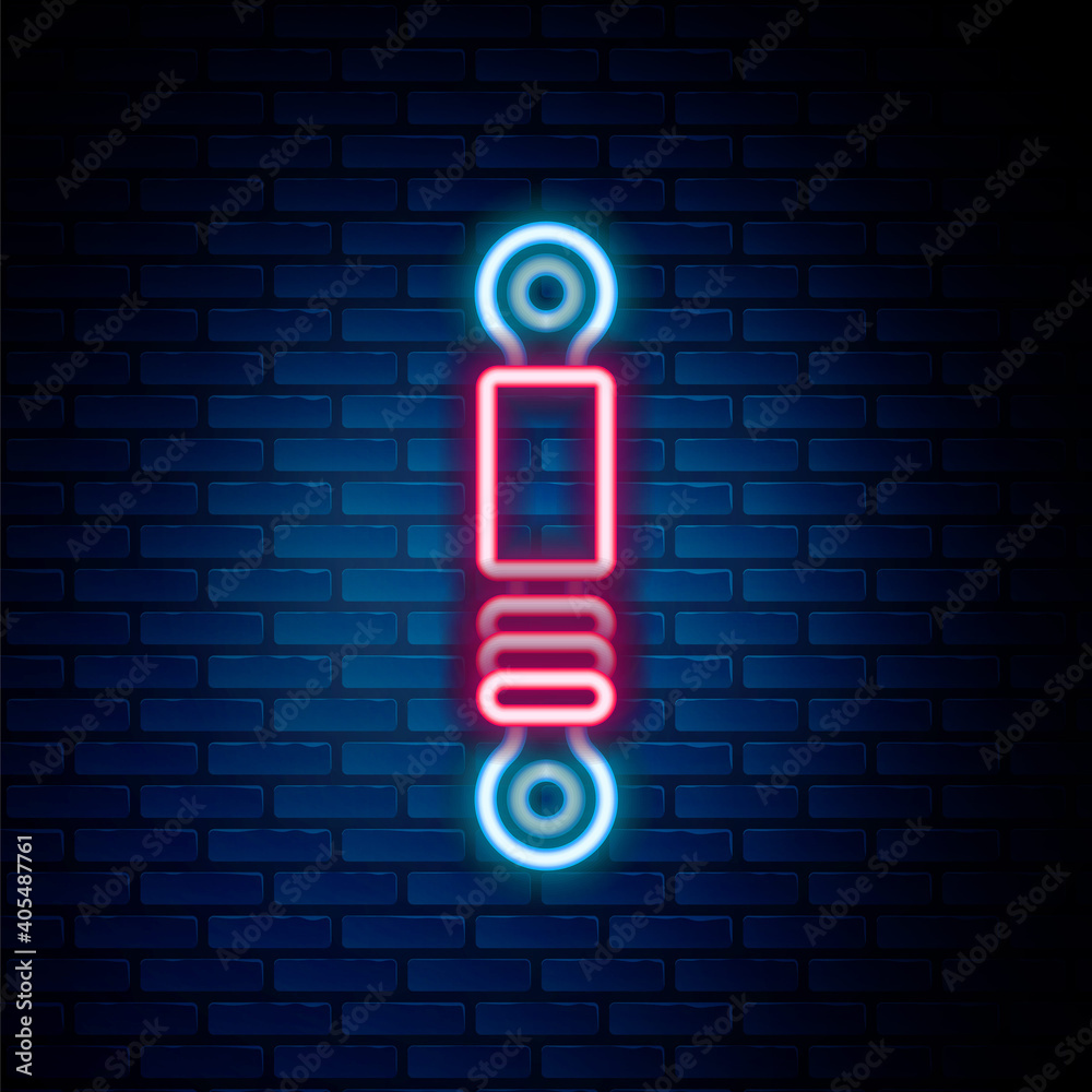 Glowing neon line Shock absorber icon isolated on brick wall background. Colorful outline concept. Vector. Glowing neon line Shock absorber icon isolated on brick wall background. Colorful outline concept. Vector.