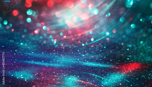Blurred abstract background. Blurry lights, bokeh. Festive template. The neon glow is reflected on the surface. 3d illustration