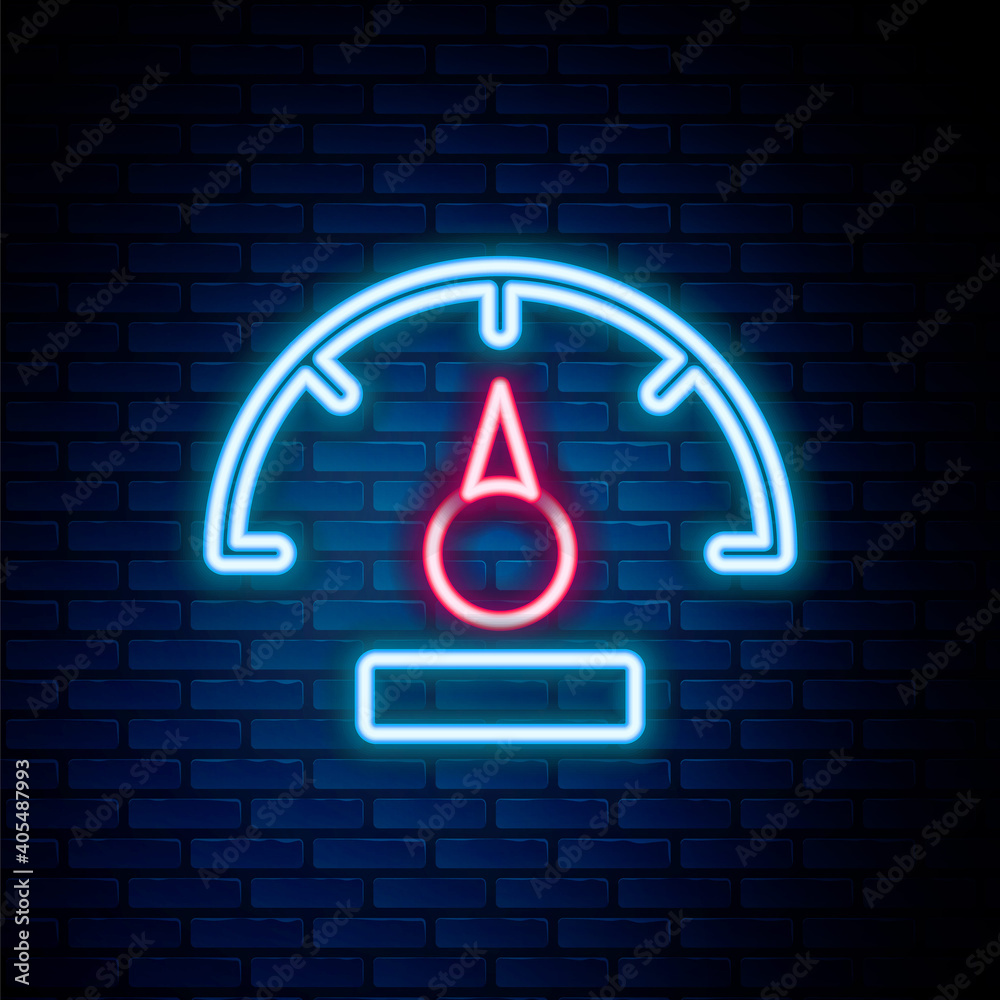 Glowing neon line Speedometer icon isolated on brick wall background. Colorful outline concept. Vector. Glowing neon line Speedometer icon isolated on brick wall background. Colorful outline concept. Vector.