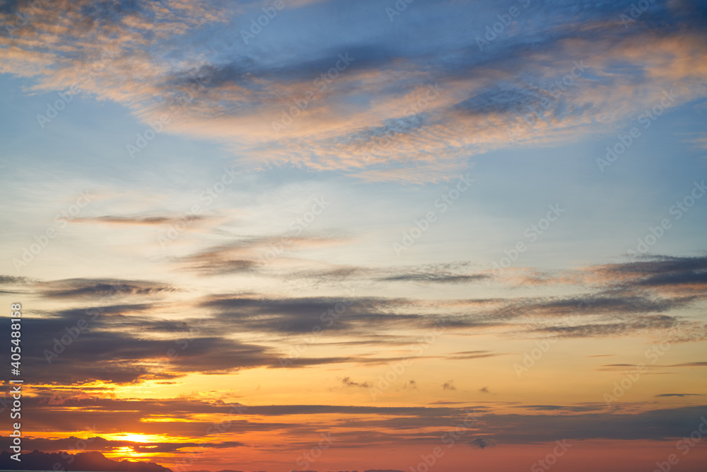 Sunrise skyline with sun light and blue hour background