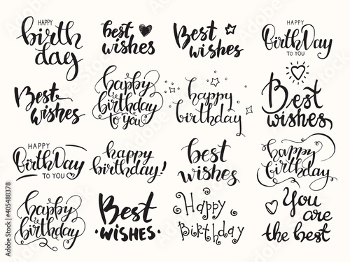 Happy birthday, Best wishes handwritten modern brush lettering made with ink. Big artistic collection of design elements for congratulation card, banner, poster, flyer templates. Isolated vector set.