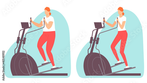Young woman doing cardio exercise on a elliptical trainer. A fat and slim woman. Gym. Weight loss. Healthy lifestyle. Vector illustration in hand drawn flat style.