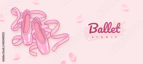 Banner for ballet studio. Hand drawn illustration of ballet shoes and petals