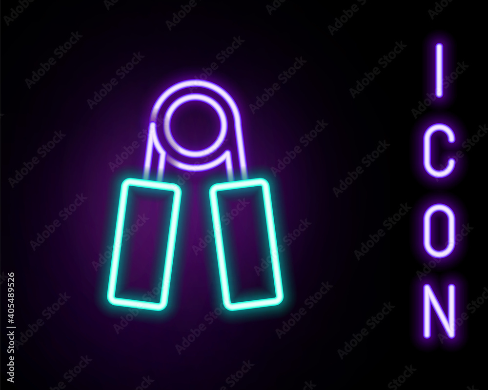 Glowing neon line Sport expander icon isolated on black background. Sport equipment. Colorful outline concept. Vector. Glowing neon line Sport expander icon isolated on black background. Sport equipment. Colorful outline concept. Vector.