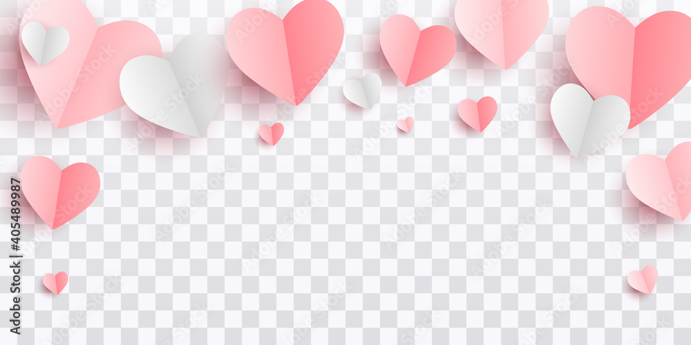 Valentines hearts postcard. Paper flying elements on transparent background. Vector symbols of love in shape of heart for Happy Women's, Mother's, Valentine's Day, birthday greeting card design. PNG
