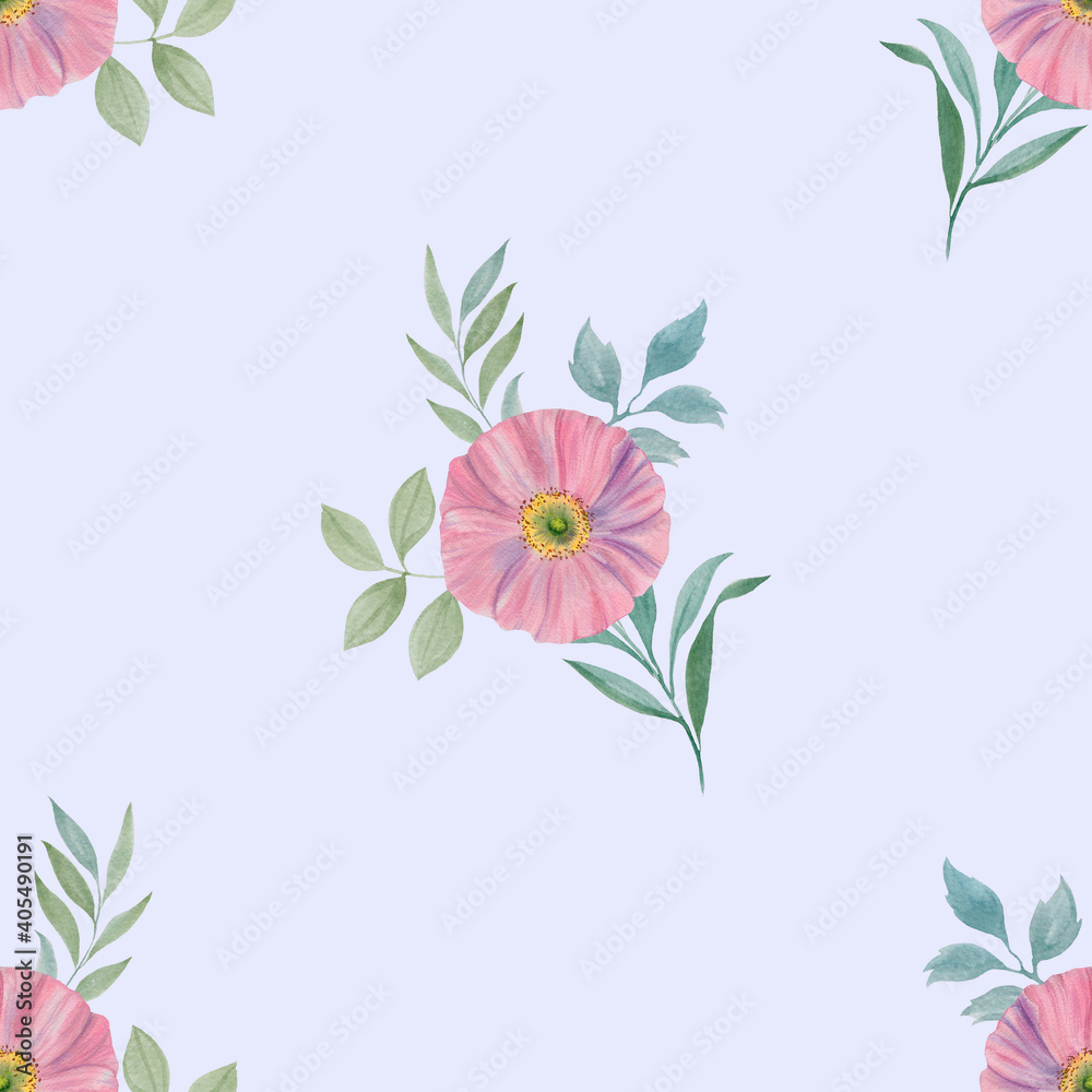 Seamless pattern on a blue background. endless motif for textiles, prints, wallpaper, wrapping paper. Delicate watercolor flowers.