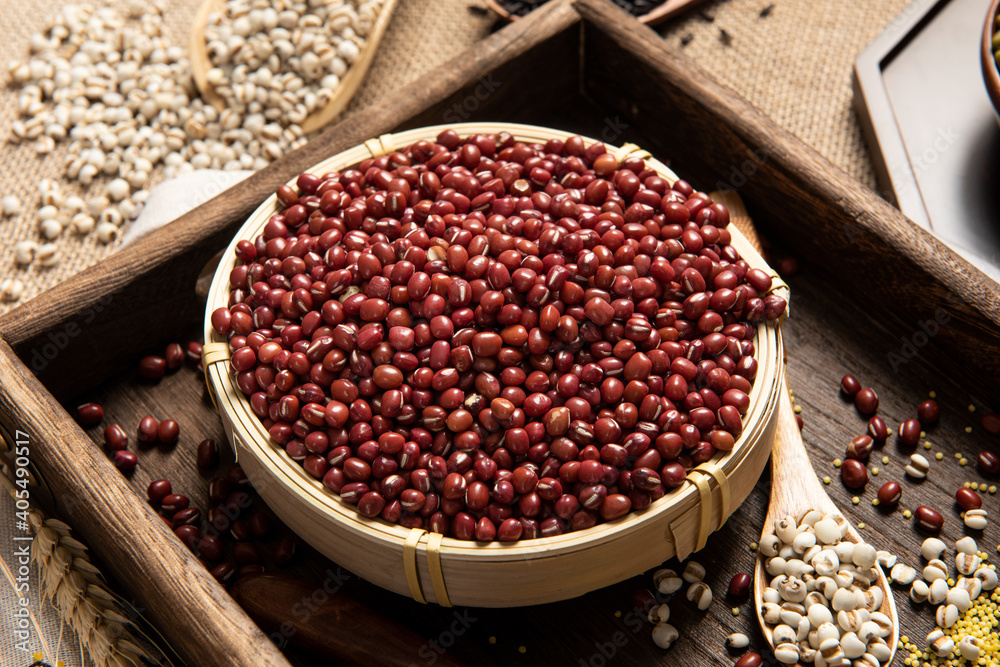 azuki beans , red beans on wooden background azuki beans , red beans on wooden background