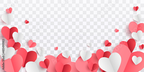 Valentines hearts postcard. Paper flying elements on transparent background. Vector symbols of love in shape of heart for Happy Women's, Mother's, Valentine's Day, birthday greeting card design. PNG