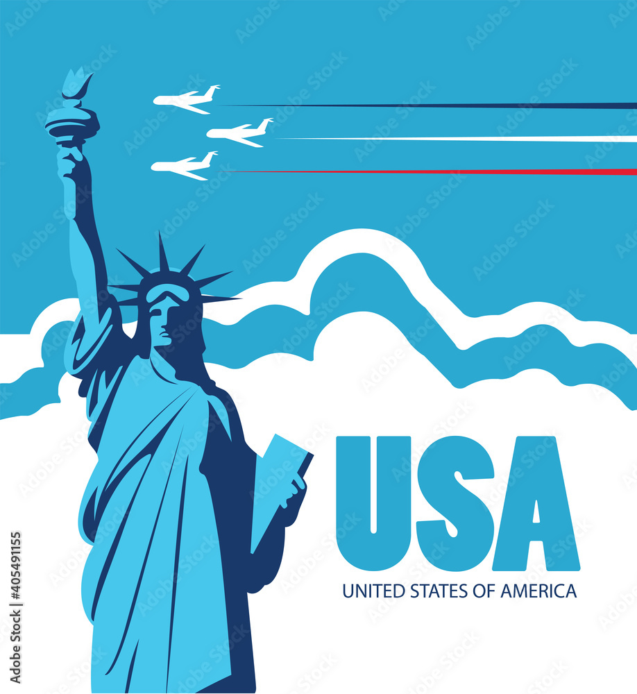 Travel banner with the Statue of Liberty and flying planes on a blue ...