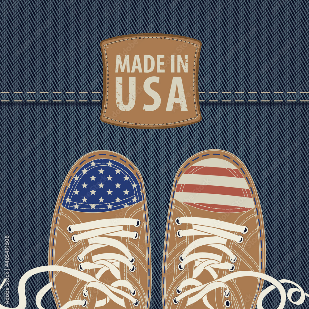 Vector banner with leather patch and stylized shoes or sneakers with  American flag colors on a denim background. Made in USA. Suitable for flyer,  banner, poster, price tag, label Stock Vector |