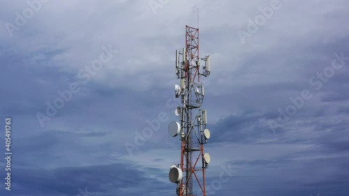 Telecommunication tower with antennas. 
Wireless Communication Antenna Transmitter. 