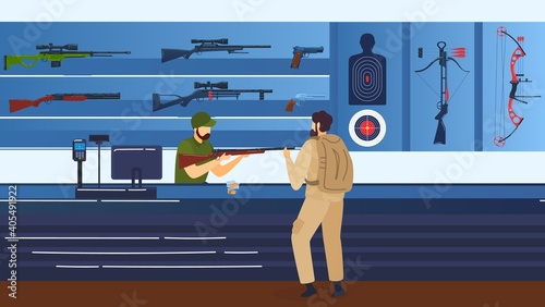 Riflerange, shooting gallery, man with rifle, guns and rifle vector illustration. Shooting sport practice, shootinggallery. Aiming targets. Snipers training for combats, practice for hunting.