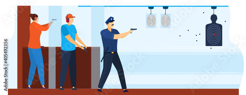 Shooting gallery for policeman vector illustration. Shooting practice in police, shootinggallery. Aiming targets. Snipers training. Man in uniform and targets for guns firing.